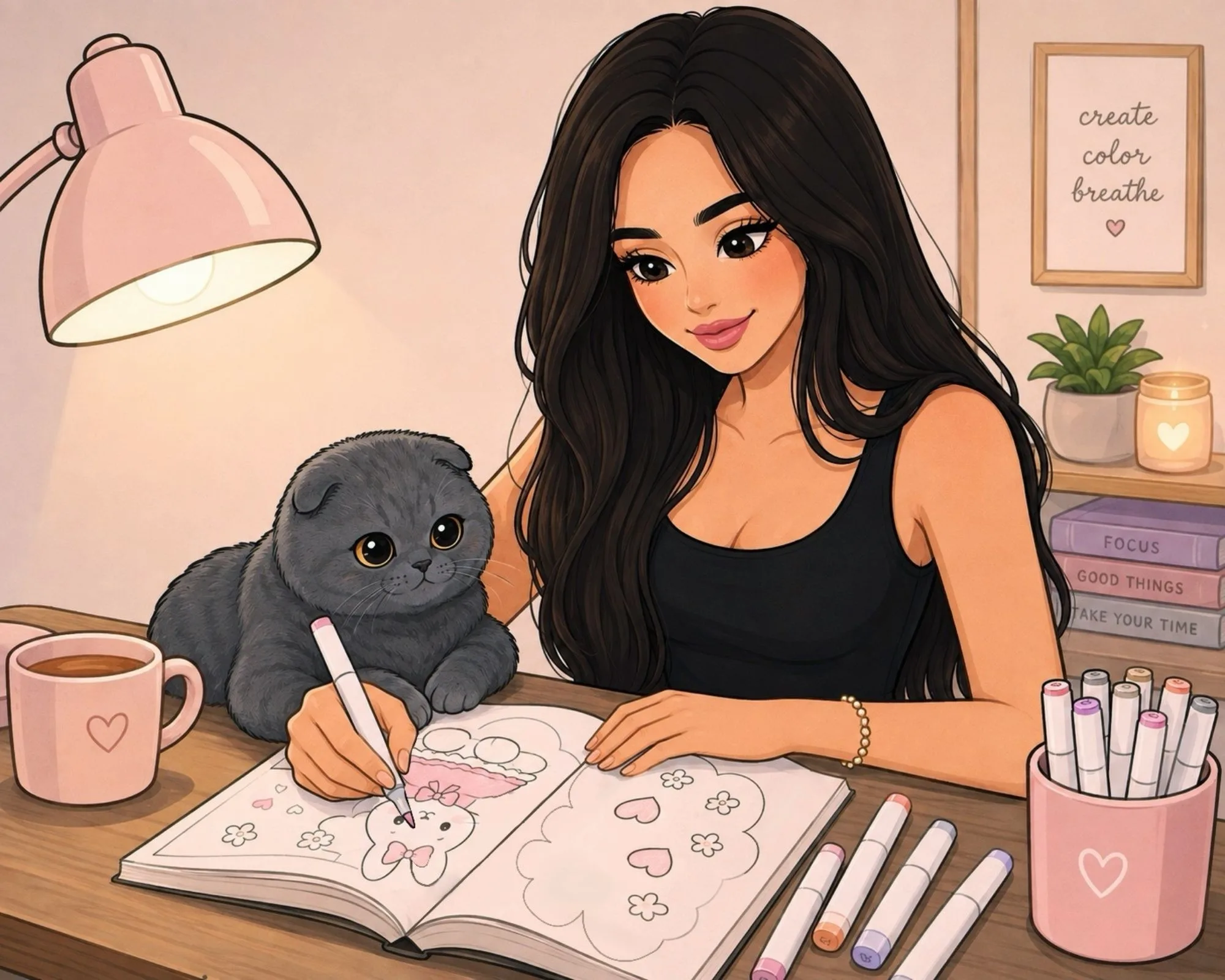 Felicia coloring at her desk, Marbel watching beside her