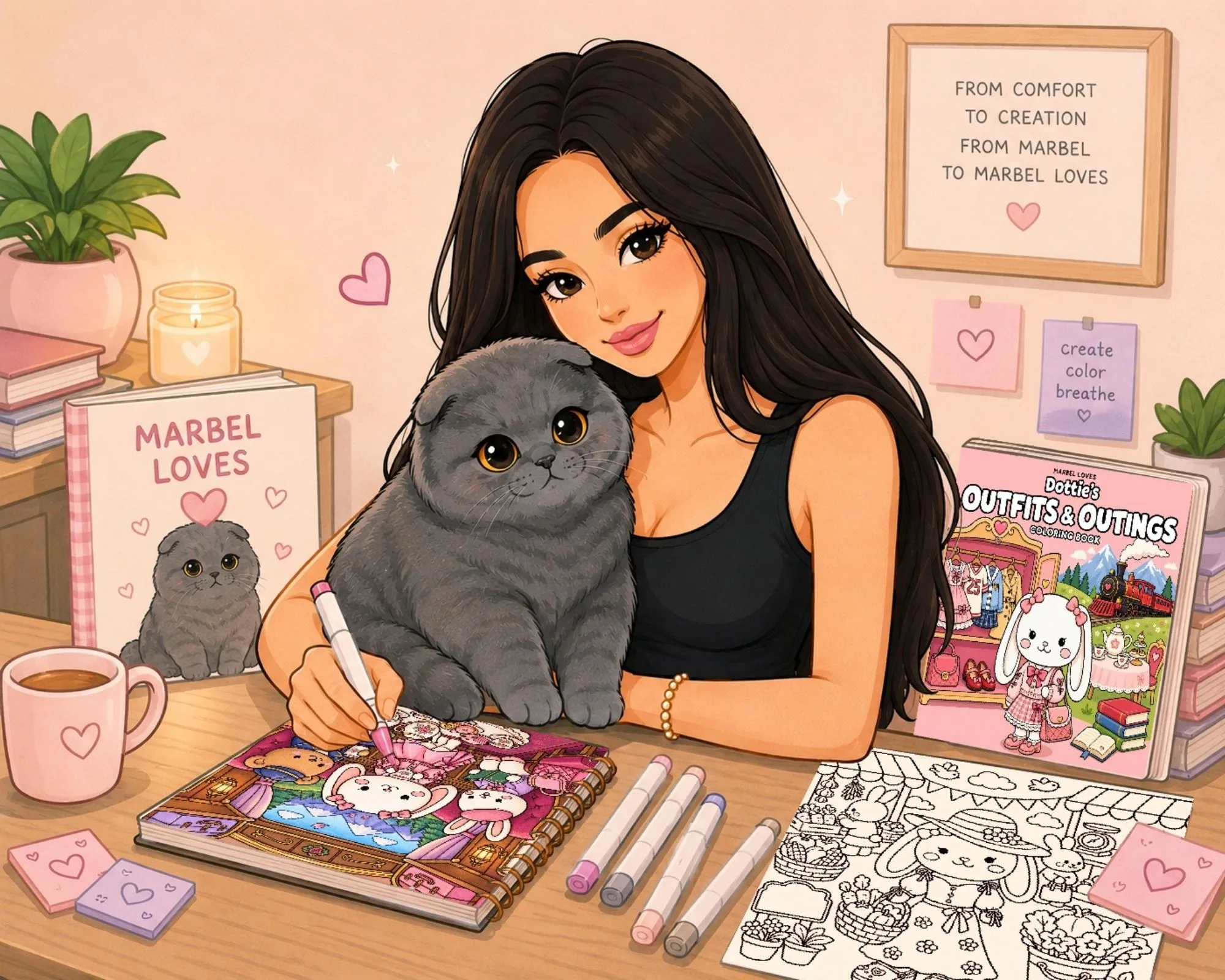 Felicia and Marbel surrounded by MARBEL LOVES books
